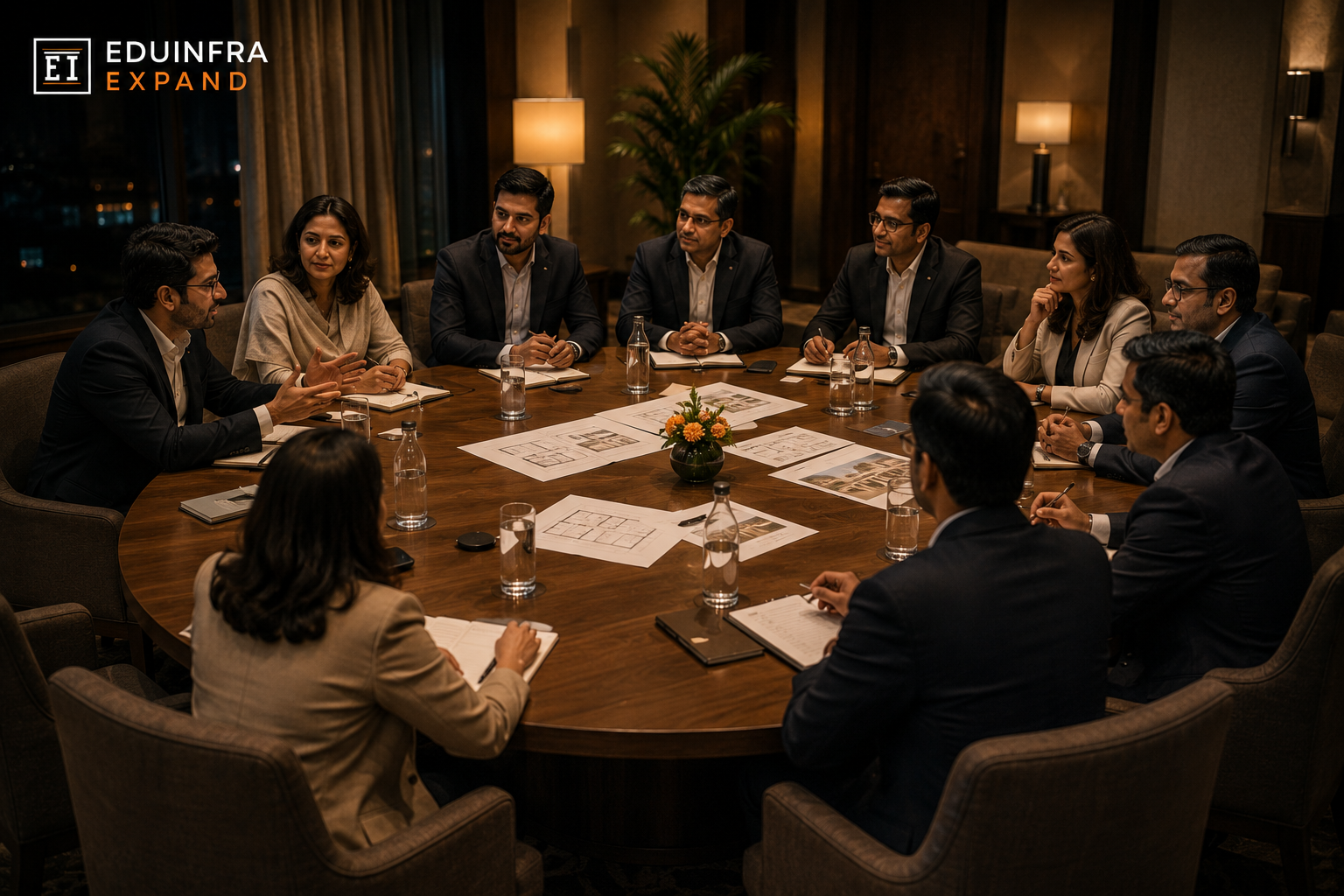 An EduInfra Circle boardroom — principals around one long table reviewing campus plans