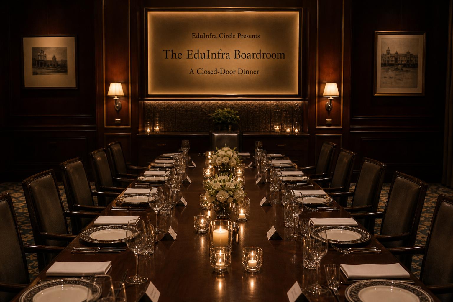 A long candlelit boardroom dinner table set for a vetted convening