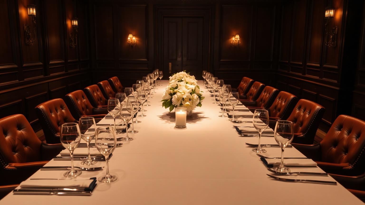 A long candlelit boardroom dinner table set for a vetted convening