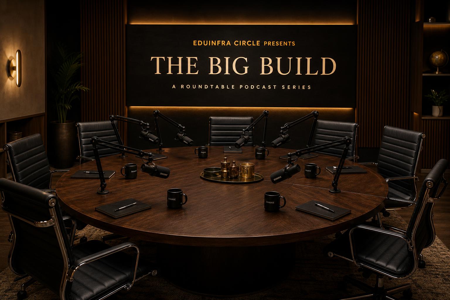 An Indian boardroom podcast roundtable in session — eight participants, one microphone per chair