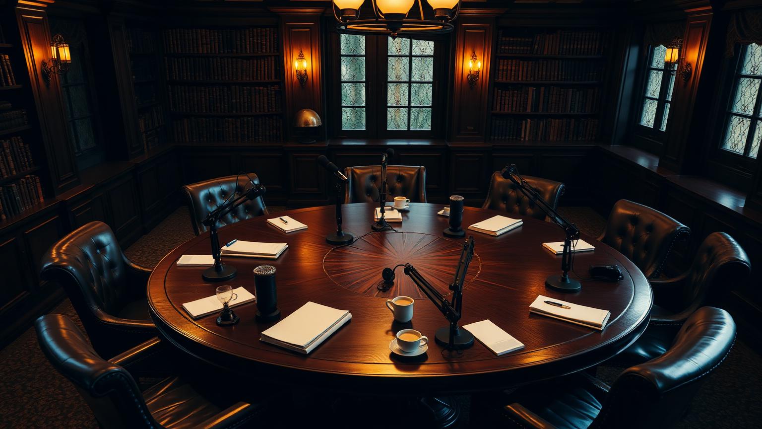 An Indian boardroom podcast roundtable in session — eight participants, one microphone per chair